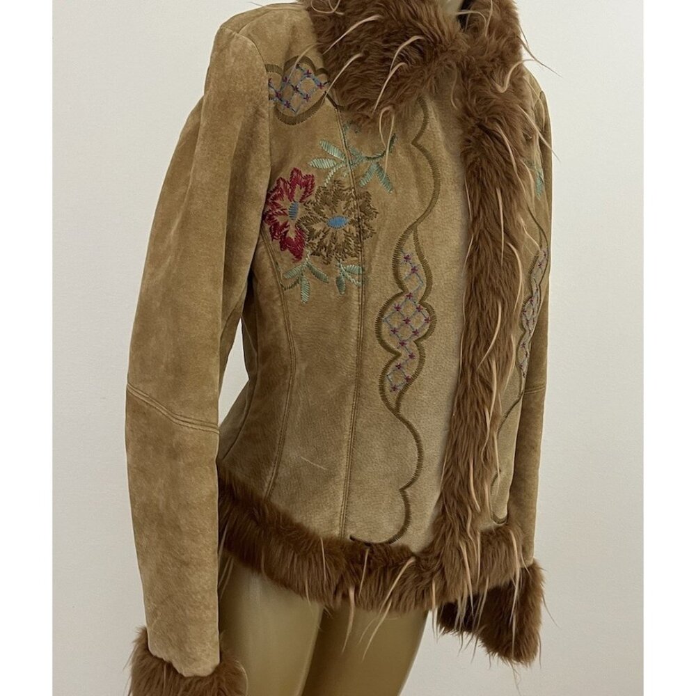 Vintage Y2K XOXO Tan Suede Jacket Faux Fur Trim Embroidered Flowers Women's M - Picture 6 of 16